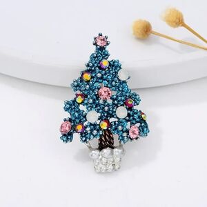 Blue Rhinestone Holiday Tree Pin Brooch
